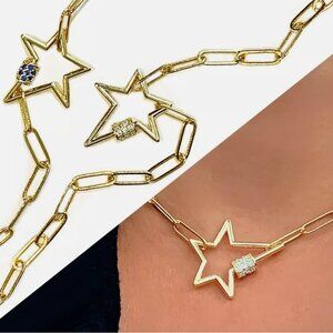 NEW! 14K Gold Plated Paperclip Chain and Zirconia Carabiner Star Choker Necklace
